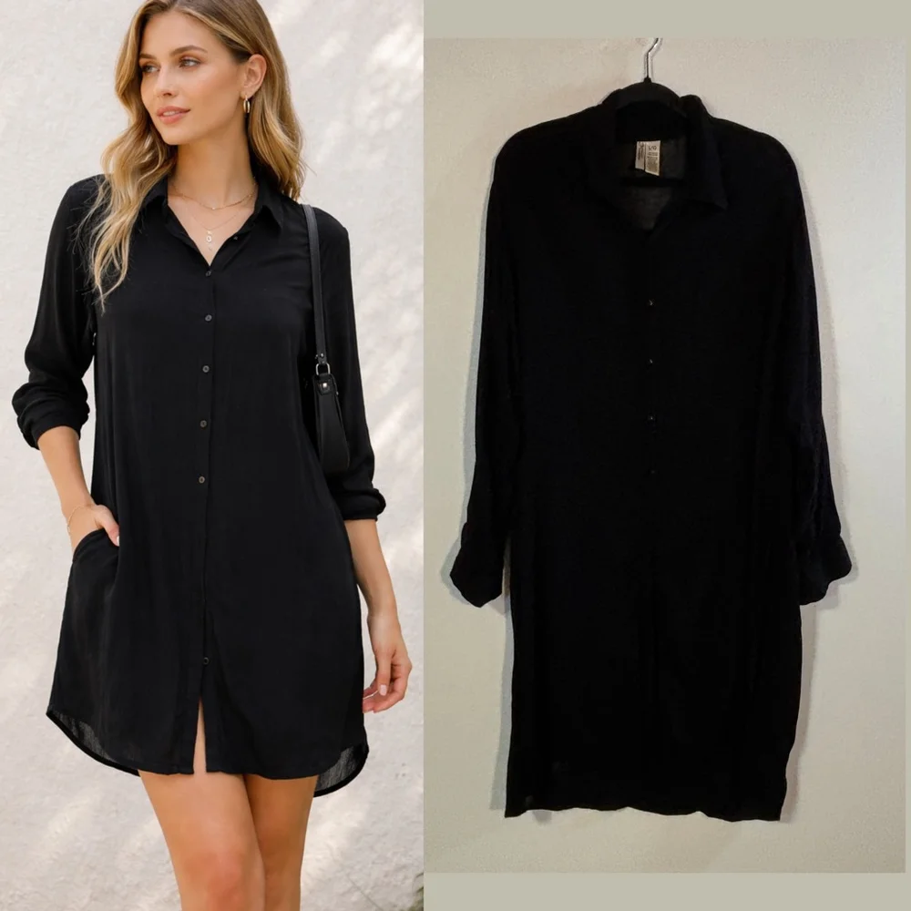 Japna Beachwear Cover Up Women’s Large Black Long Sleeve Roll Tab Button Down